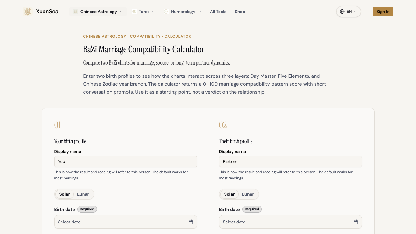 BaZi Compatibility Calculator screenshot